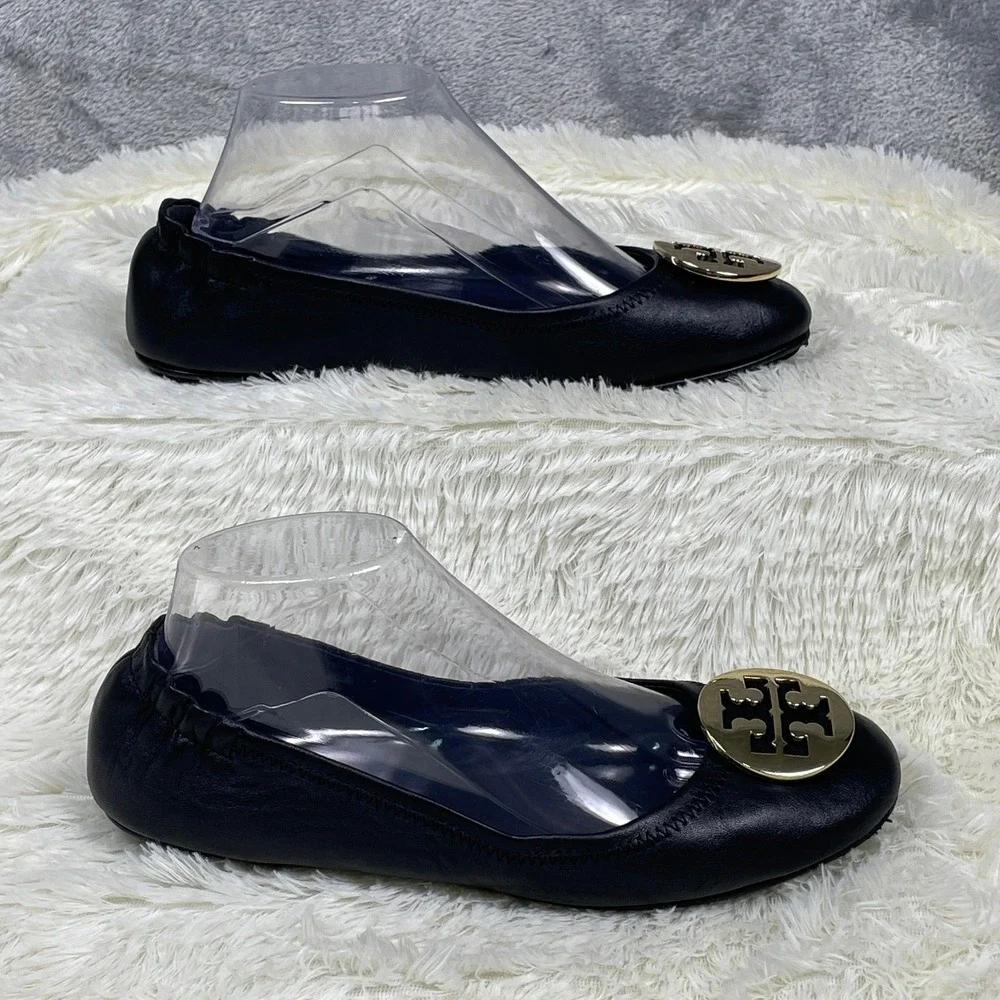 Tory Burch Minnie Travel Ballet Flats Womens 8.5M Black Good Gold Logo 6098 G19